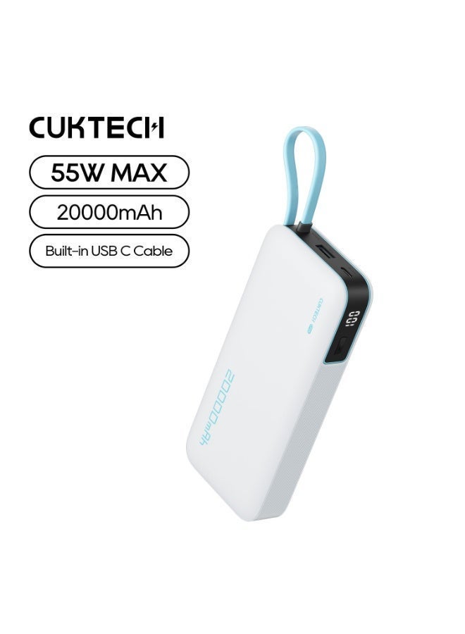 CUKTECH CP25 Power Bank, 20000mAh 55W Portable Travel Charger Built-in USB C Cable, Fast Charging Battery Pack for Xiaomi, Redmi,  iPhone, Samsung, Honor, Poco, Switch etc (White) - Image 1